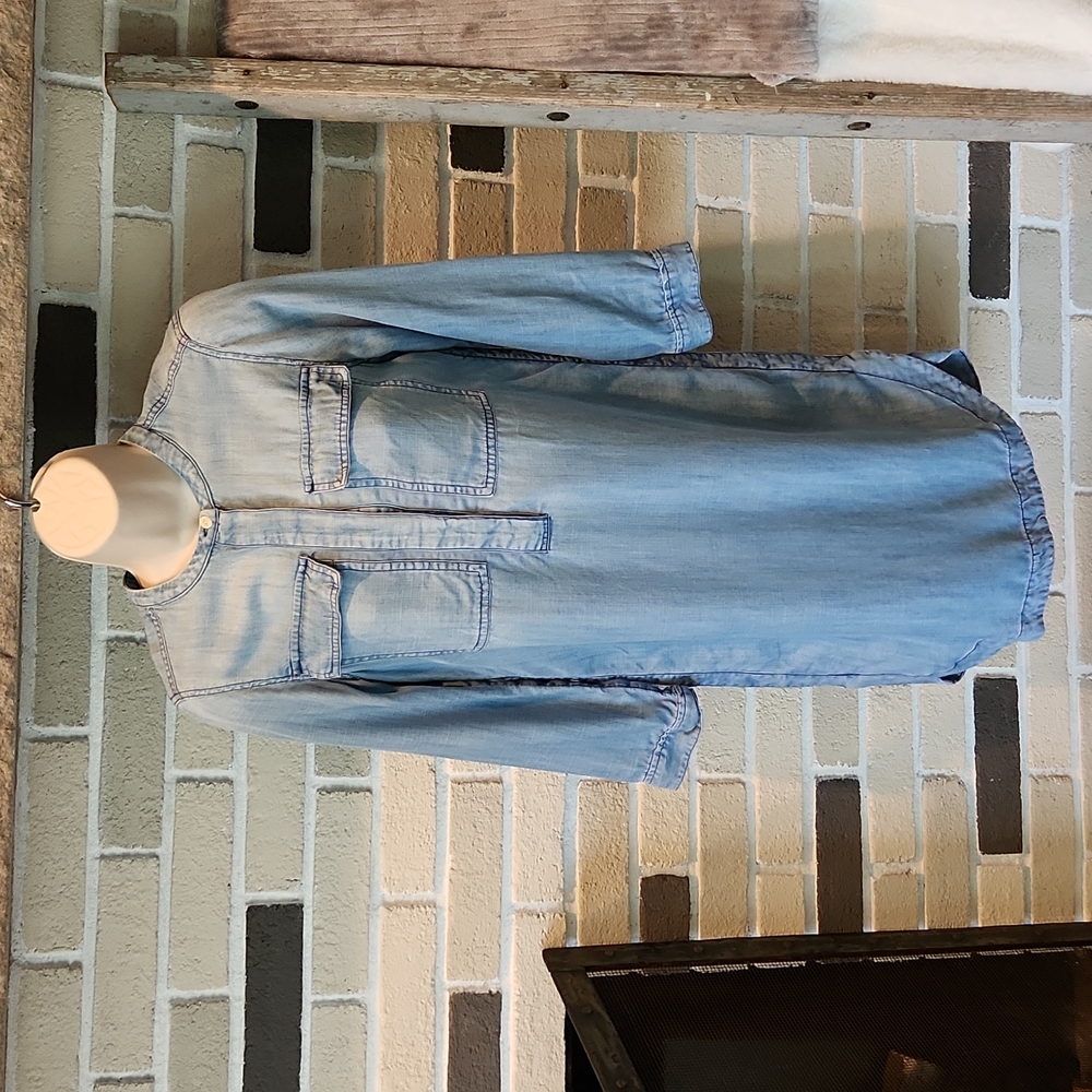J.Crew Chambray Denim Tunic Shirt Dress Collarless 3/4 Sleeve Light Wash XXS